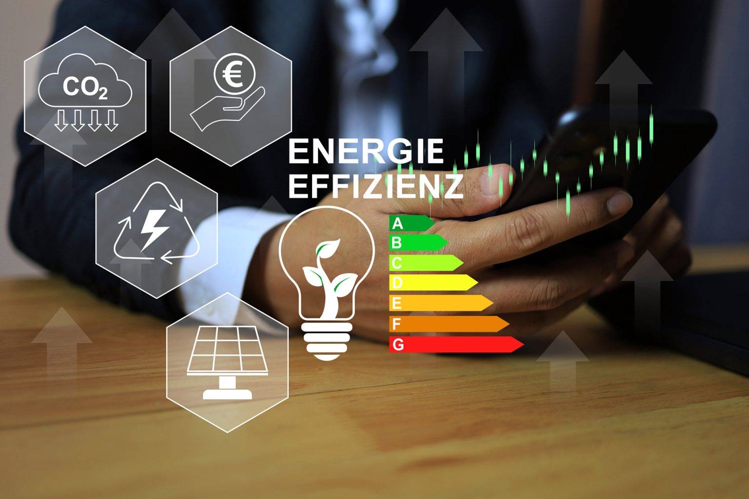Energieskala und diverse Icons zur Darstellung der Energieeffizienz von Immobilien